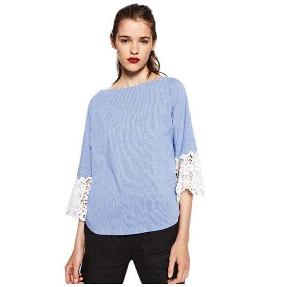 Zara Woman Pinstriped Top Crochet Lace Guipure Sleeve Blue Blouse Pullover XS - Picture 1 of 9